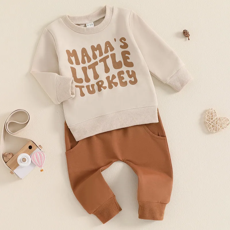 RUEWEY Toddler Baby Boys Pant Sets Thanksgiving Outfits Letter Print Long Sleeve Sweatshirts and Long Pants 2Pcs Clothes Set