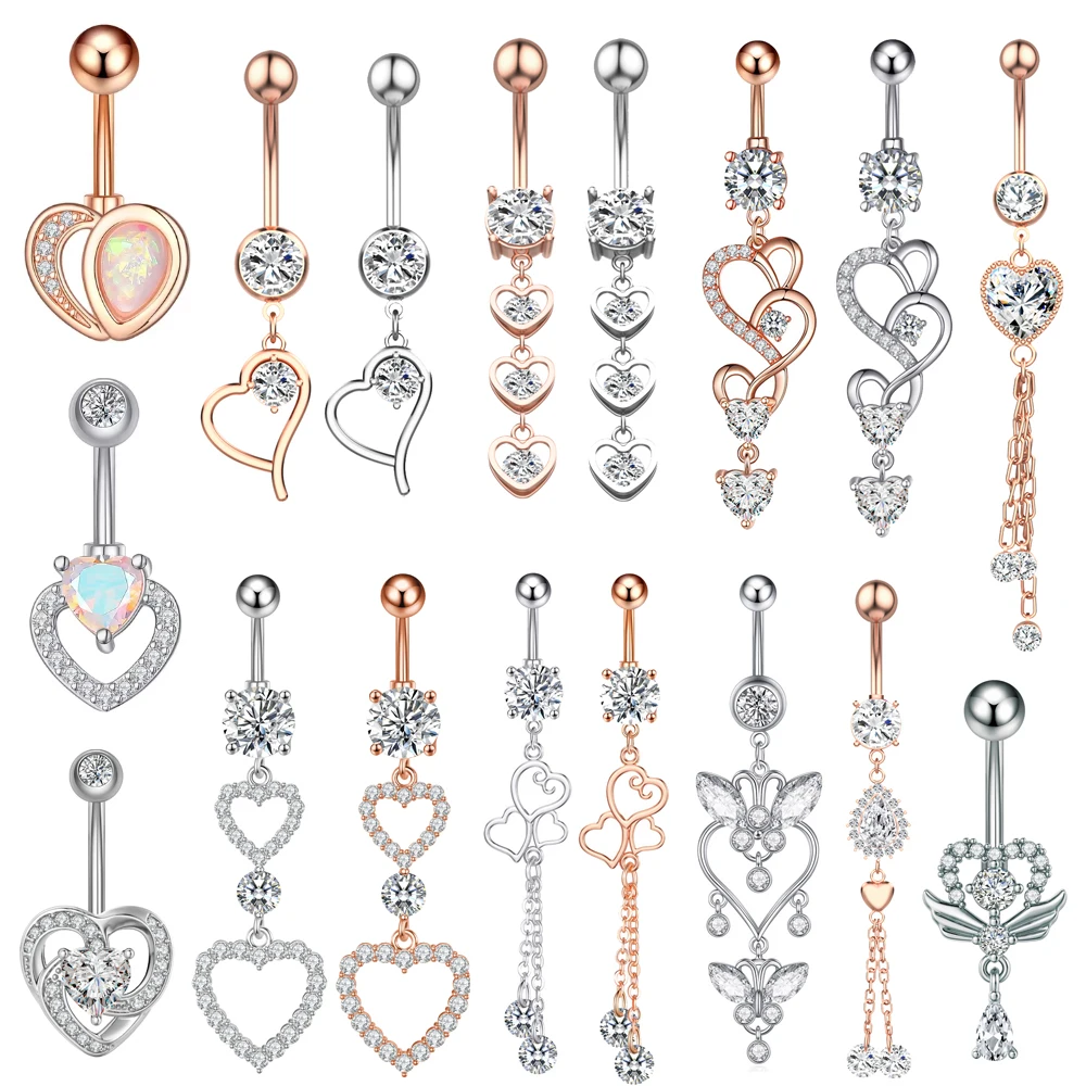 Heart Series Crystal Zircon Belly Button Ring 14G Dangled Heart Chain Navel Belly Piercing Nombril Stainless Steel Body Jewelry