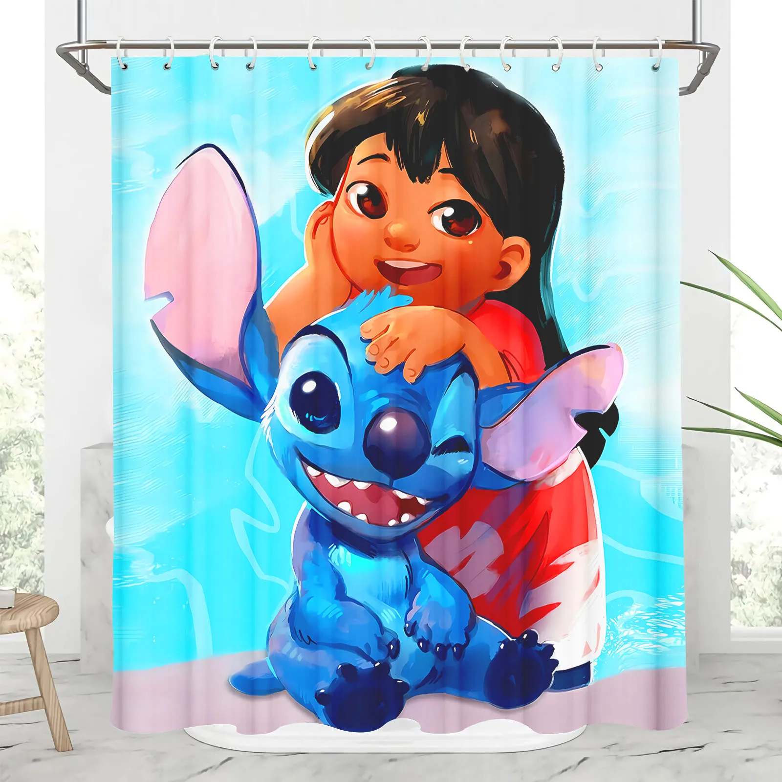 Stitch Shower Curtain for Children, Cute Anime, Luxury General Decorations, Cartoon Bathroom and Hangings Accessories, 4 PCs