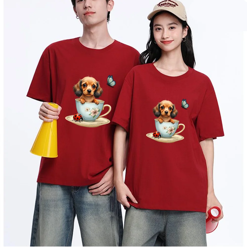 Cute Puppy In Teacup With Butterfly Ladybug Printed T Shirt Breathable Fabric S-XXL Personalized Custom Aesthetic Graphic Top Un