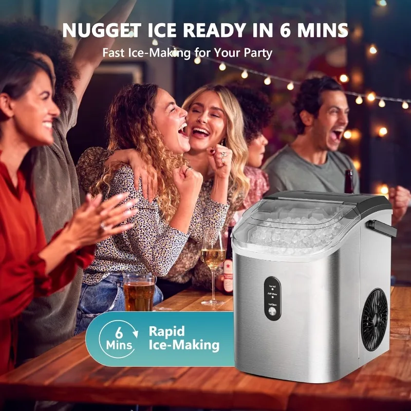 EUHOMY Nugget Ice Maker Countertop with Handle, Removable Top Cover, Auto-Cleaning, Portable Sonic Ice Maker w/ Basket and Scoop