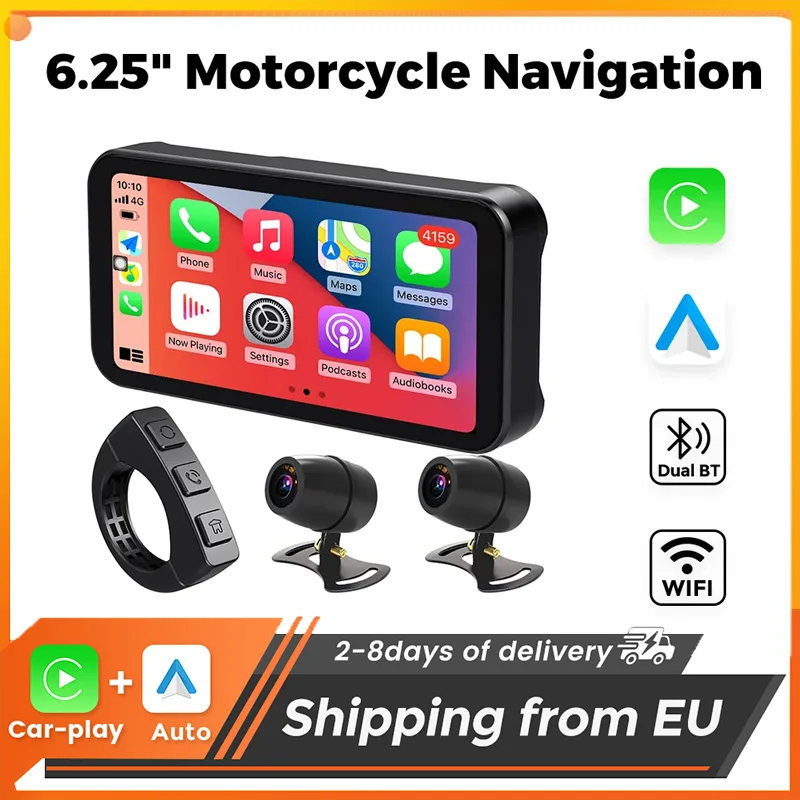 Support de navigation GPS portable pour moto Tomostrong 6,25 pouces, compatible avec Carplay/Android Auto/Google/Waze/Carte TF sans fil, double connexion Bluetooth/Wi-Fi, enregistreur de conduite DVR, écran étanche IP67 en temps réel, moniteur moto, affichage de la tension, entrepôt européen
