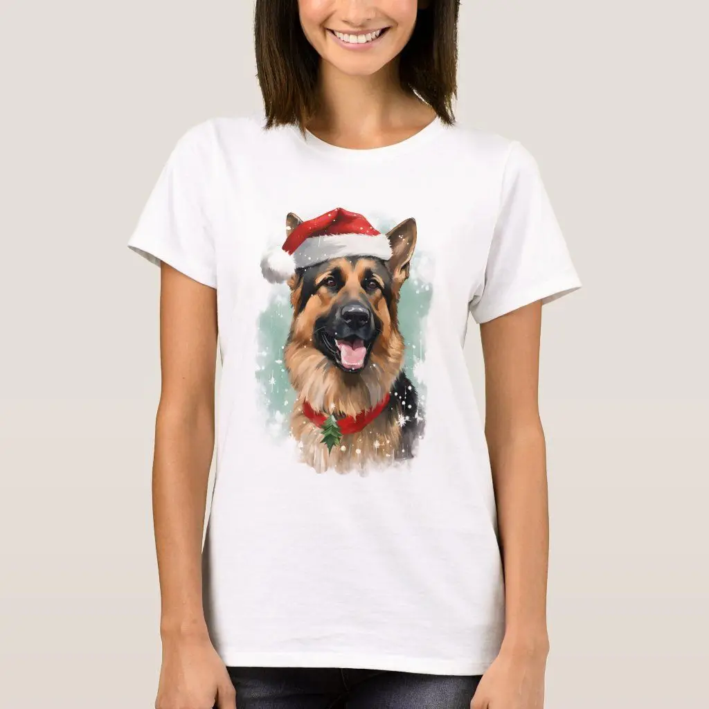 Camiseta gráfica para mujer, diseño navideño con motivos de perros pastor alemán, confeccionada con una mezcla de poliéster, camisa informal, gorro de Papá Noel, diseño de cachorro, ropa para amantes de los animales.