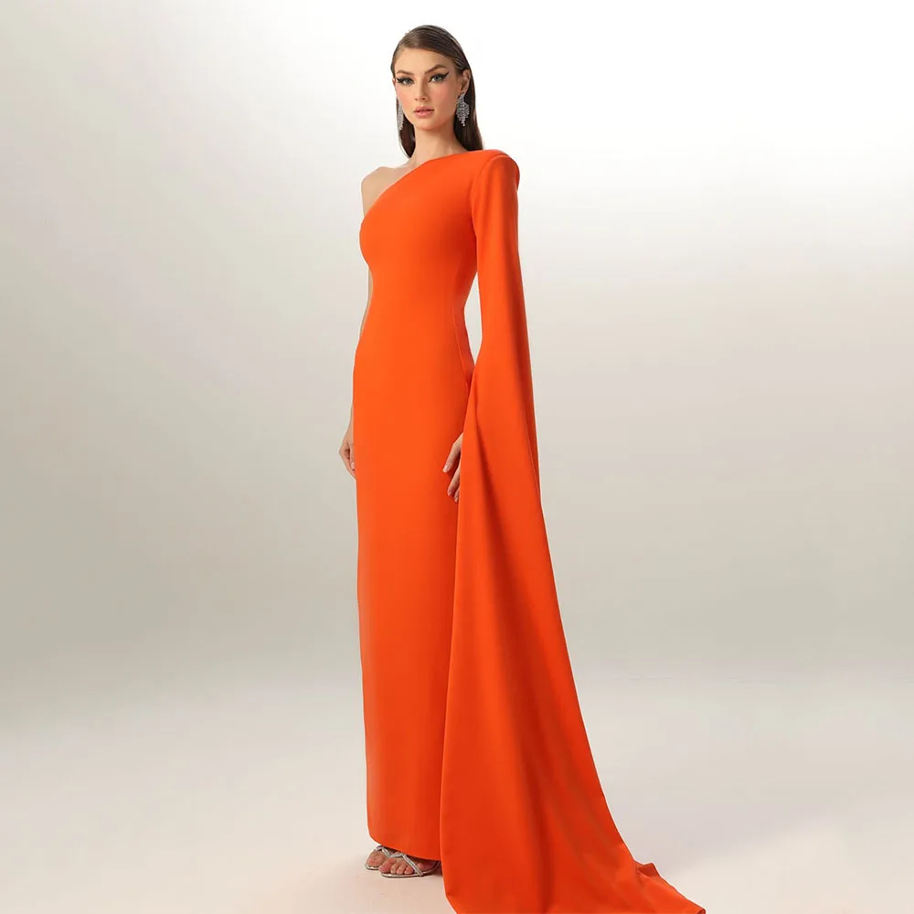 

Orange Evening Dresses for Women 2025 One Shoulder Cape Sleeve Evening Gowns Column Side Split Simple Formal Party Dress Long