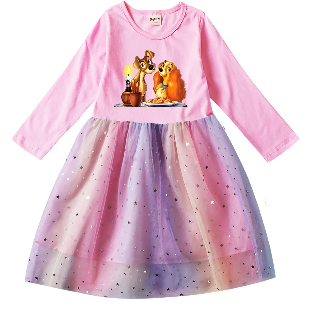 

Disney Lady and the Tramp Girls Toddler Prom Mesh Dresses Children Party Clothes Long Sleeve Princess Costume Kids Fall Dresses