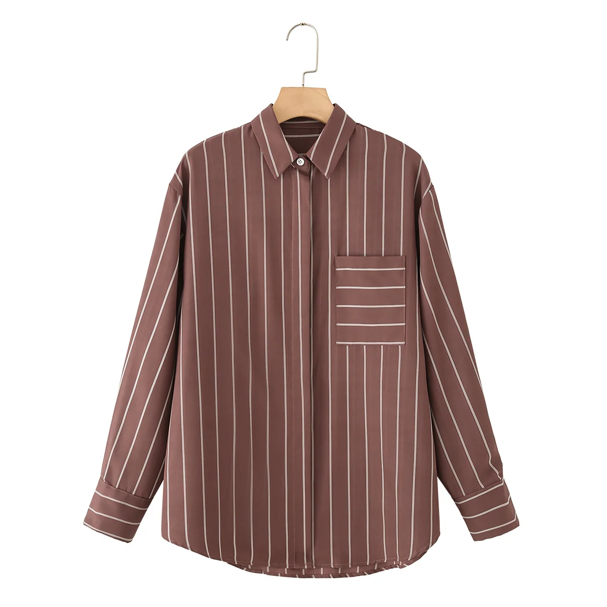 

2025 Winter New Women's Clothing Simple Casual Fashion Loose Long Sleeve Collared Pocket Striped Draped Shirt