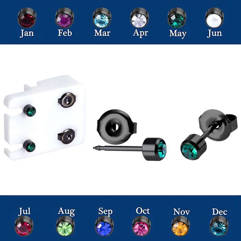 2pcs Black Rainbow 316l Steel Earring Studs Ear Piercing Gun Birthstone CZ Ear Stud Earrings Stud Tragus Cartilage Body Jewelry