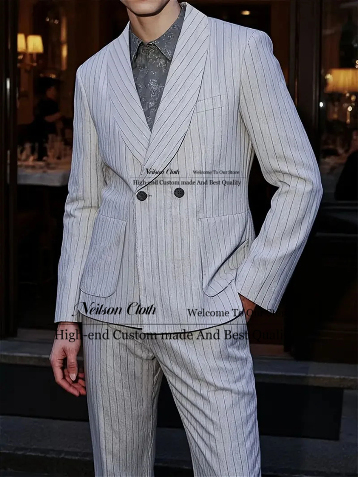 

Grey Stripe Male Prom Blazers 2 Pcs Sets Shawl Lapel Groom Wedding Tuxedos Double Breasted Customized Slim Fit Terno Masculino
