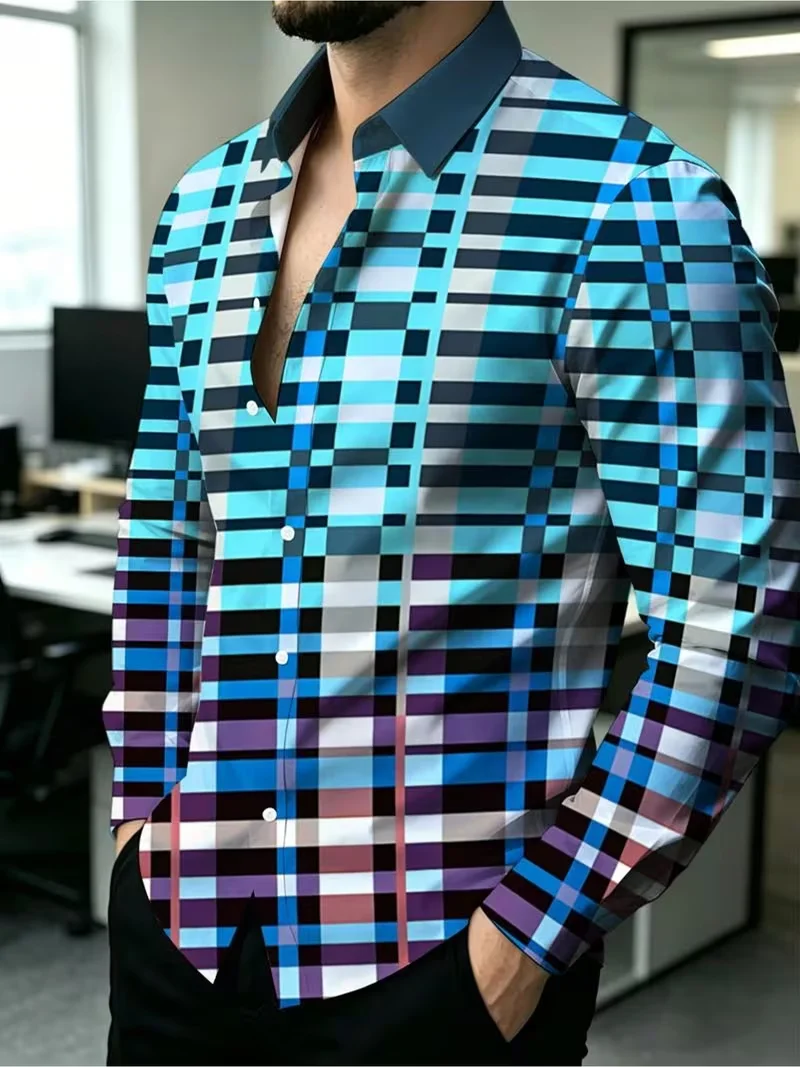 New color blocking plaid patchwork long sleeved shirt with blue purple gradient plaid light luxury men's lapel shirt