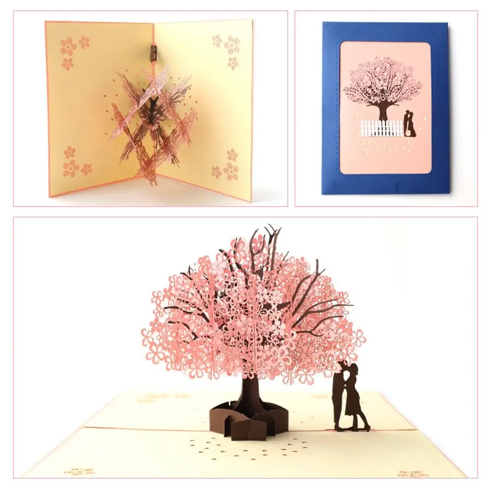 Romantic Cherry Blossom Tree Greeting Card Paper Foldable 3D Pop Up Greeting Card Elegant Handmade Wedding Blessing Card