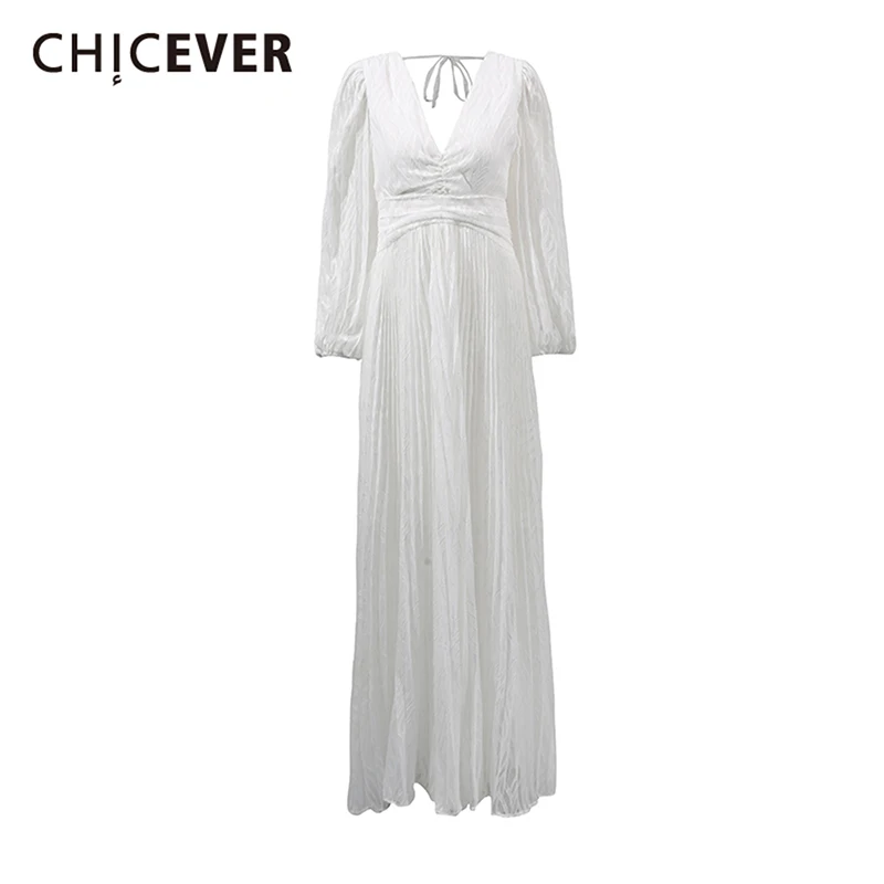 

CHICEVER White Spliced Mesh Dress Female V Neck Long Sleeve Loose Minimalist Basic Women's Long Dresses Autumn Fashion New Style