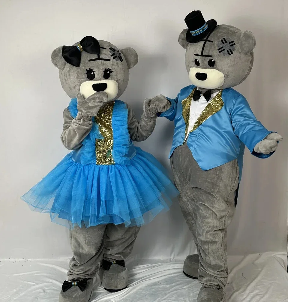 

Cute Blue Suit Gentleman Bear Couple Mascot Costume Cartoon Outfit for Party Halloween Advertising and Public Welfare Events