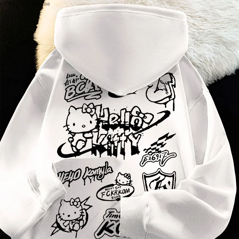 Sanrio Hello Kitty Women Autumn Winter Sweet And Cute Cartoon Print Hoodie Korean Version Loose Casual Pullovers Plush Thick Top