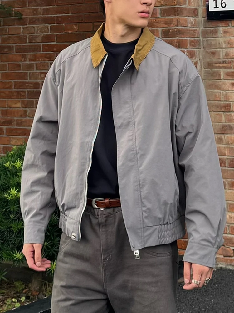 

American Retro Workwear Collared Jaet Loose Casual ex Autumn Basic Spliced Color Couple Outerwear Top