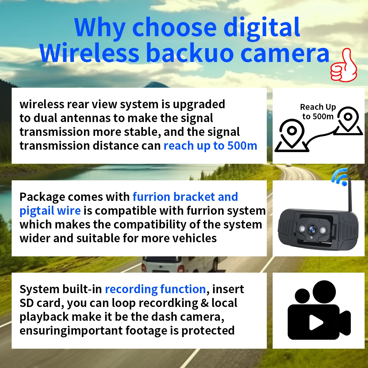 نظام كاميرا مراقبة المركبات اللاسلكية الرقمية المقاومة للماء، نظام كاميرا شاحنة RV للسيارة مع شاشة 5 بوصة #6
