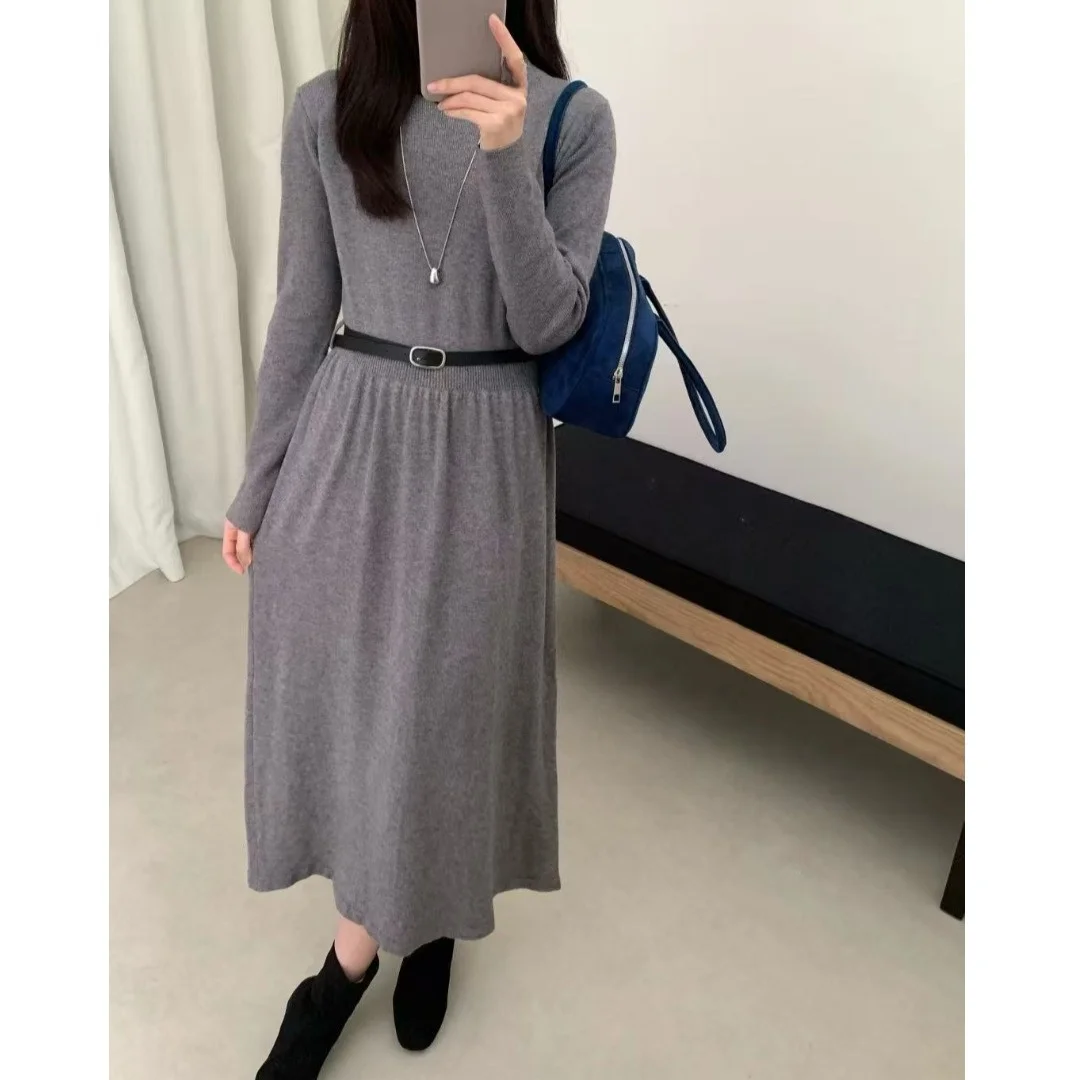 Feminino de malha midi dr outono inverno coreano sle a linha camada base saia emagrecimento com casaco longo plissado dr