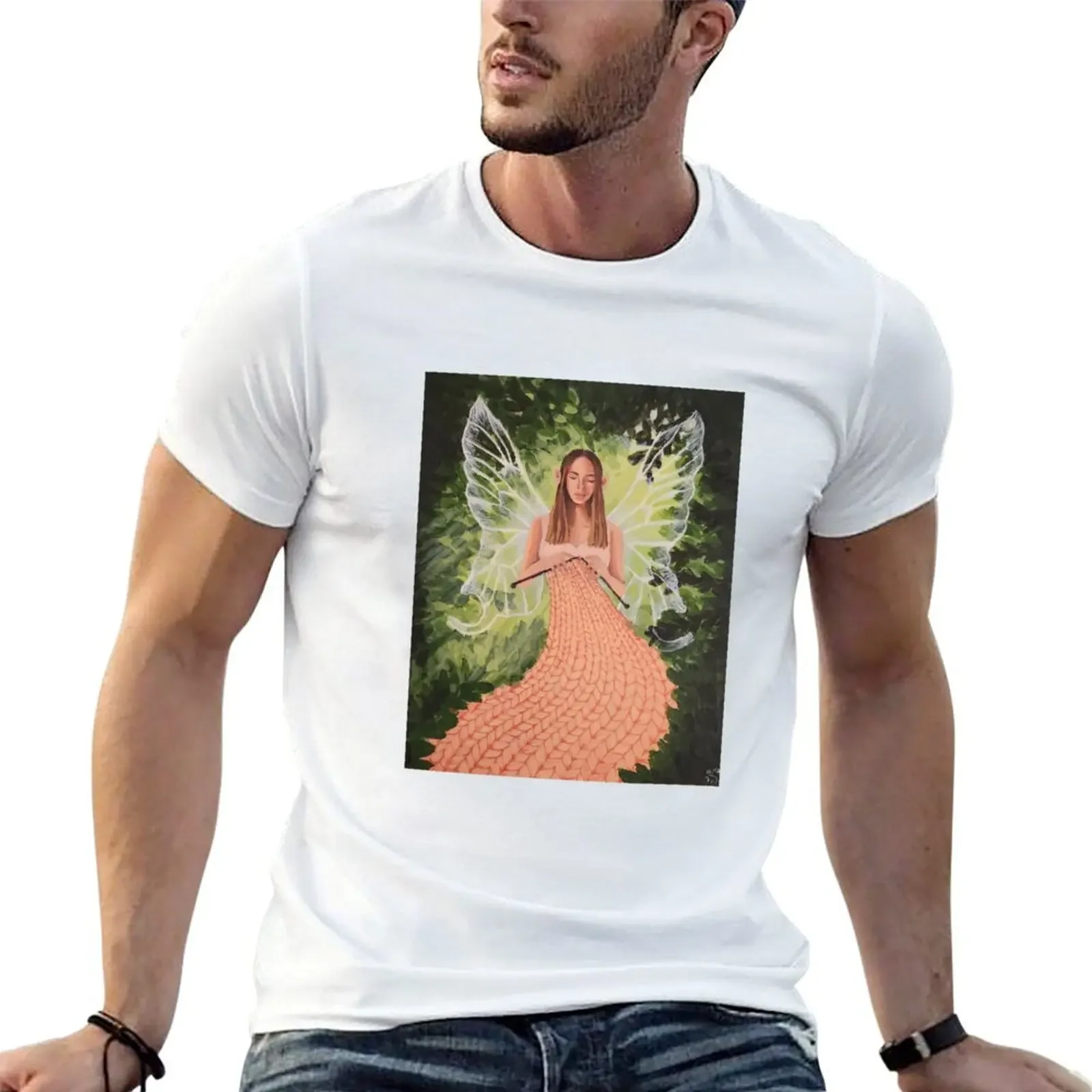 The Knitting fairy- Handmade painting T-shirt korean fashion Aesthetic clothing mens clothes