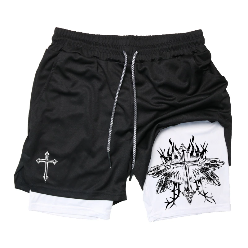 

Men's double-layer 2-in-1 fitness shorts with fashionable printed sports performance shorts with phone pocket, towel loop shorts