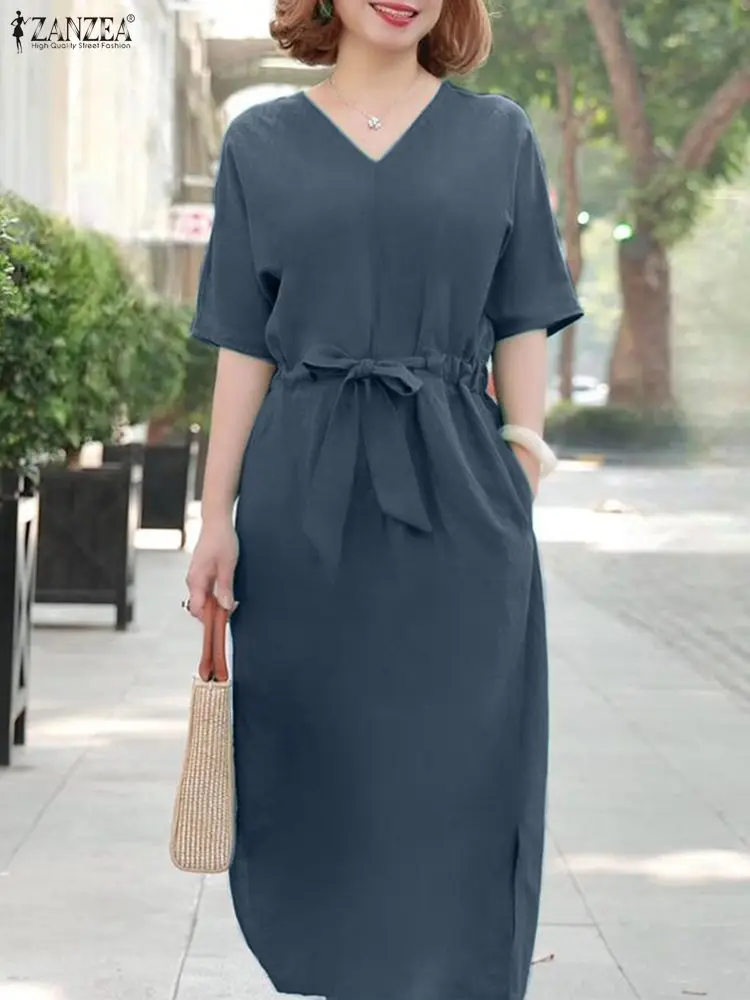 ZANZEA فستان ميدي أنيق متين موضة كم قصير برباط فستان الشمس عتيق على شكل حرف a فيستدوس 2025 رداء فضفاض غير رسمي برقبة على شكل حرف v