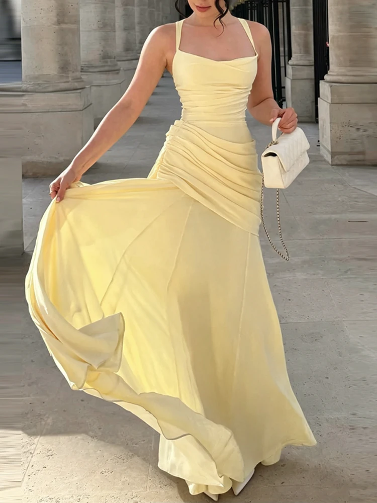 Rückenfreies Taillenschnürendes Slip-Kleid für Damen Sexy Tief Ausgeschnittenes Ärmelloses Plissiertes Schlankes Party-Abendkleid Schickes Damenkleid Neu – Detail 15