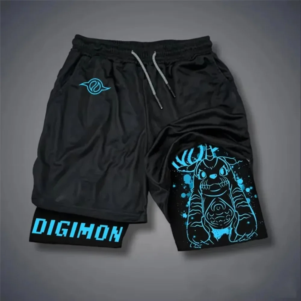 Digimon calções duplos masculinos crâniocreymon anime japonês conjunto de duas peças shorts de verão fitness secagem rápida confortável para usar novo