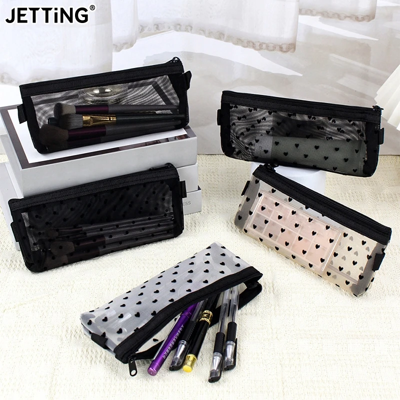 Mesh Cosmetic Makeup Bags Case Holder Cute Transparent Zipper Black Heart Printed Pencil Pen Case Pouch Convenient To Carry