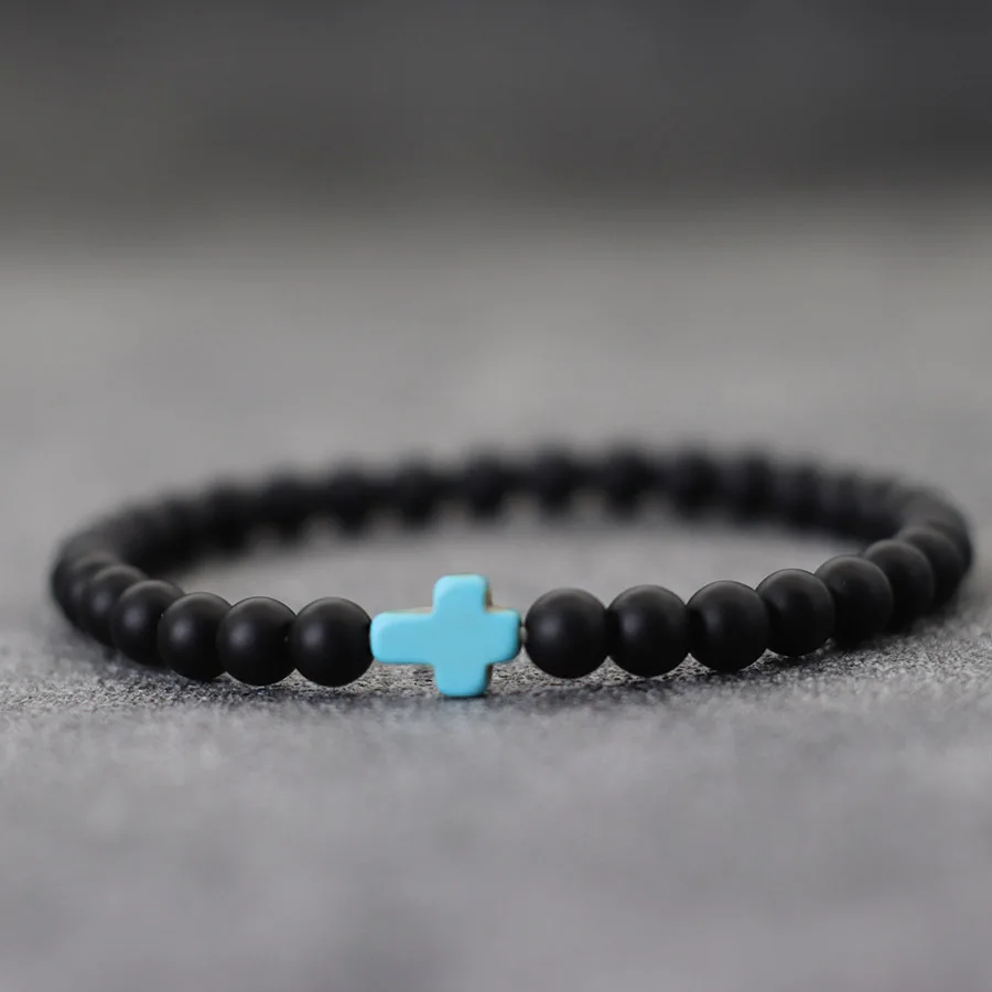 Minimalist 6mm Onyx Cross Bracelet Unisex Natural Howlite Matte Beads Strand Amulet Braslet Meditation Yoga Couple Hand Jewelry
