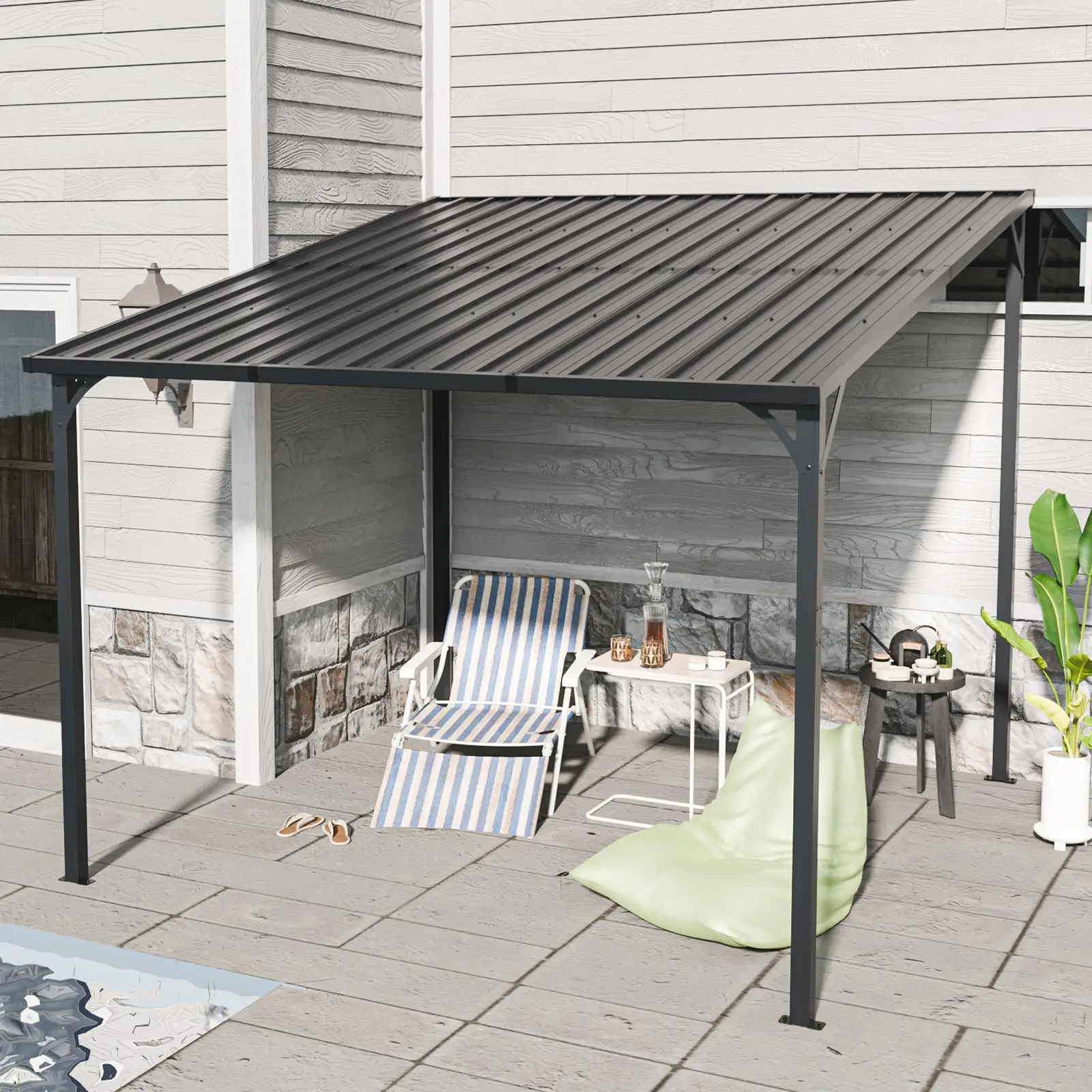 Outdoor Gazebo Metal Inclined Roof Pergolas Waterproof Wall-Mounted Iron Sheet shed Gazebo for Patio,Garden,Yard (10×10