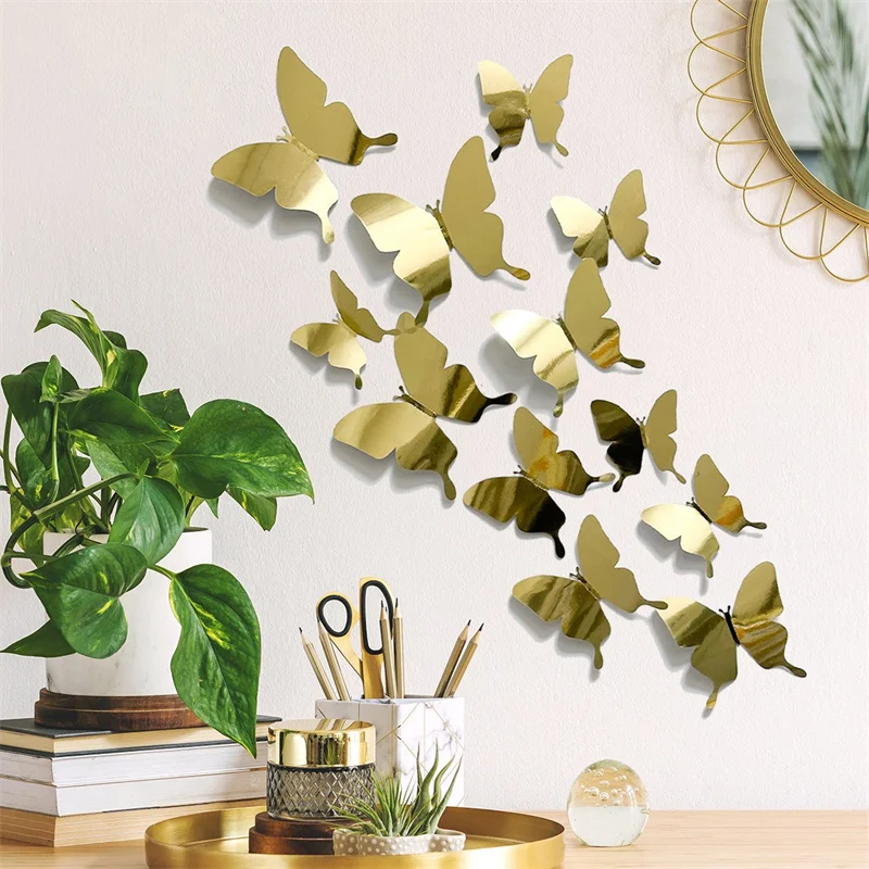 12Pcs/lot  Butterfly Stickers  Green  Golden  3D Double-sided PVC Cardboard  Living Room  Bedroom Wall Decoration Home  Art