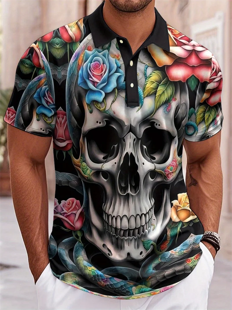 Fashion Skull Rose Print Polo Shirts For Men Breathable Moisture Wicking Casual Collared T Shirt Streetwear Gothic Party Top