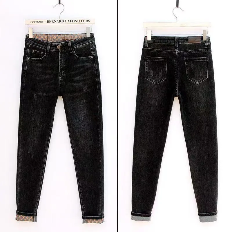2023 New Women Summer Black Grey Jeans Women Slim-fit Pants Tight Elastic Pencil Trousers Slim High Waist Flanging Bottoms
