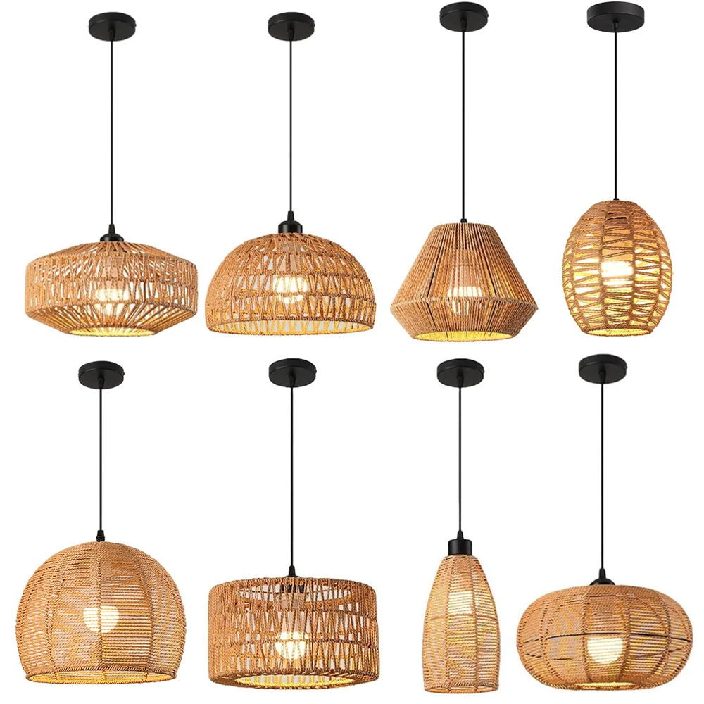 Boho Rattan Pendant Light Wicker Chandelier Woven Lampshade for Living Room