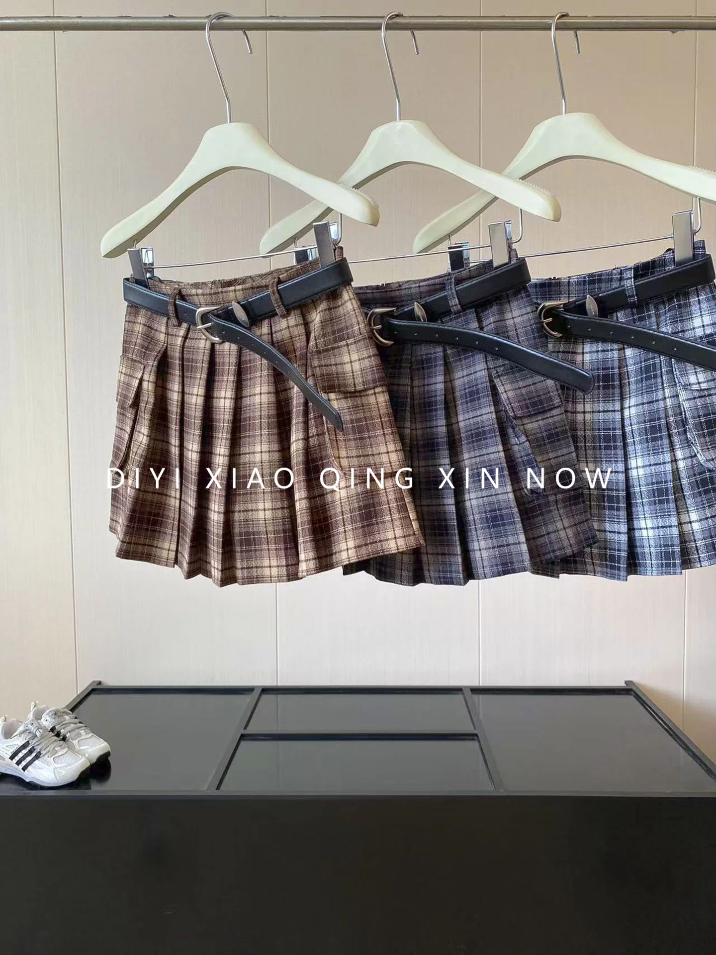 DIYI Classic Plaid  Skirt High Waist A-Line Woolen Skirt with Belt Autumn Collection Women's Fashion Polyester Fiber
