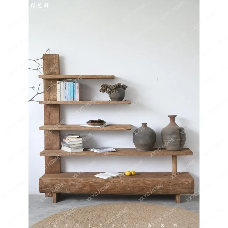 Wabi-sabi style old wood weathered bookshelf, solid wood display cabinet against the wall