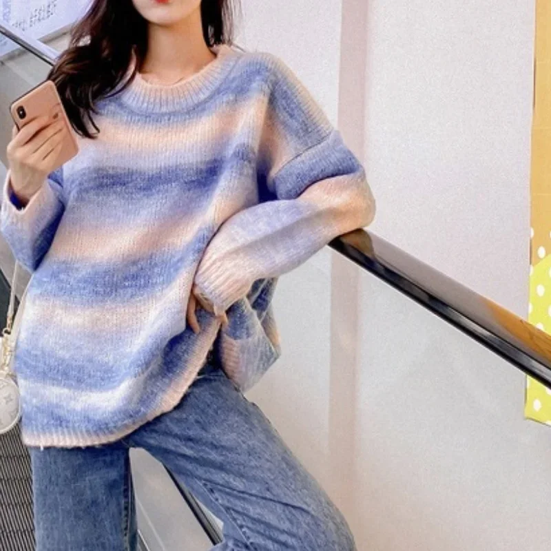 Chic Rainbow Stripes Pullover Sweaters Women O-Neck Loose Casual Knitted Jumpers Autumn Winter New Fashion Leisure Knit Sweater