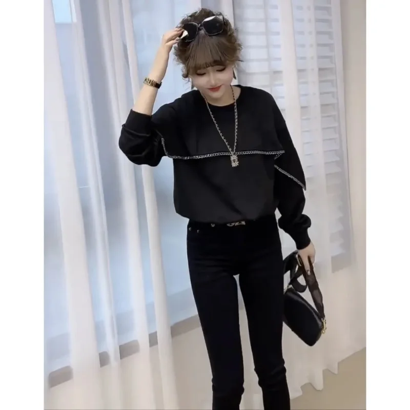 Fashion Classic Ruffles Slim Hoodies Women Long Sleeve Korean Casual O-collar All-match Loose Office Lady High Quality Top