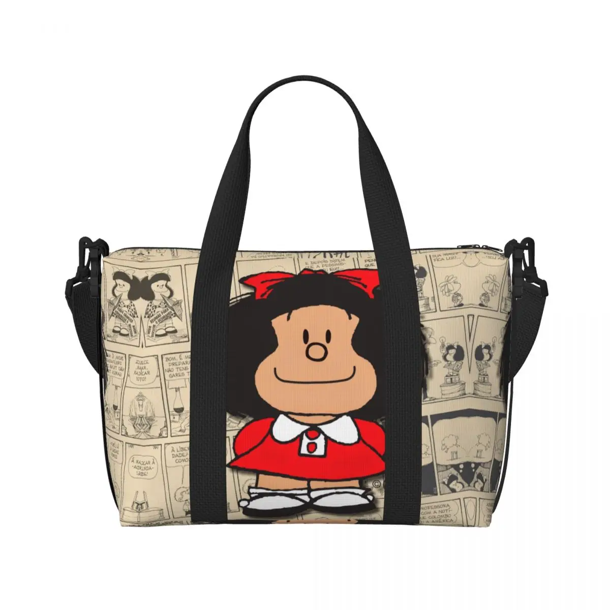 Custom Vintage Mafalda Manga Beach Tote Bag for Women Extra Large Gym Carry On Quino Comic Cartoon Travel Shopping Bags