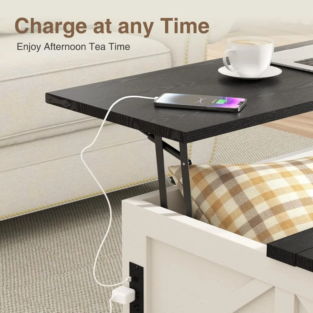 Couchtisch mit Stauraum, 31,5 W Farmhouse Lift Top Holz quadratischer Mitteltisch mit Ladestation, rustikale Cocktailtische mit