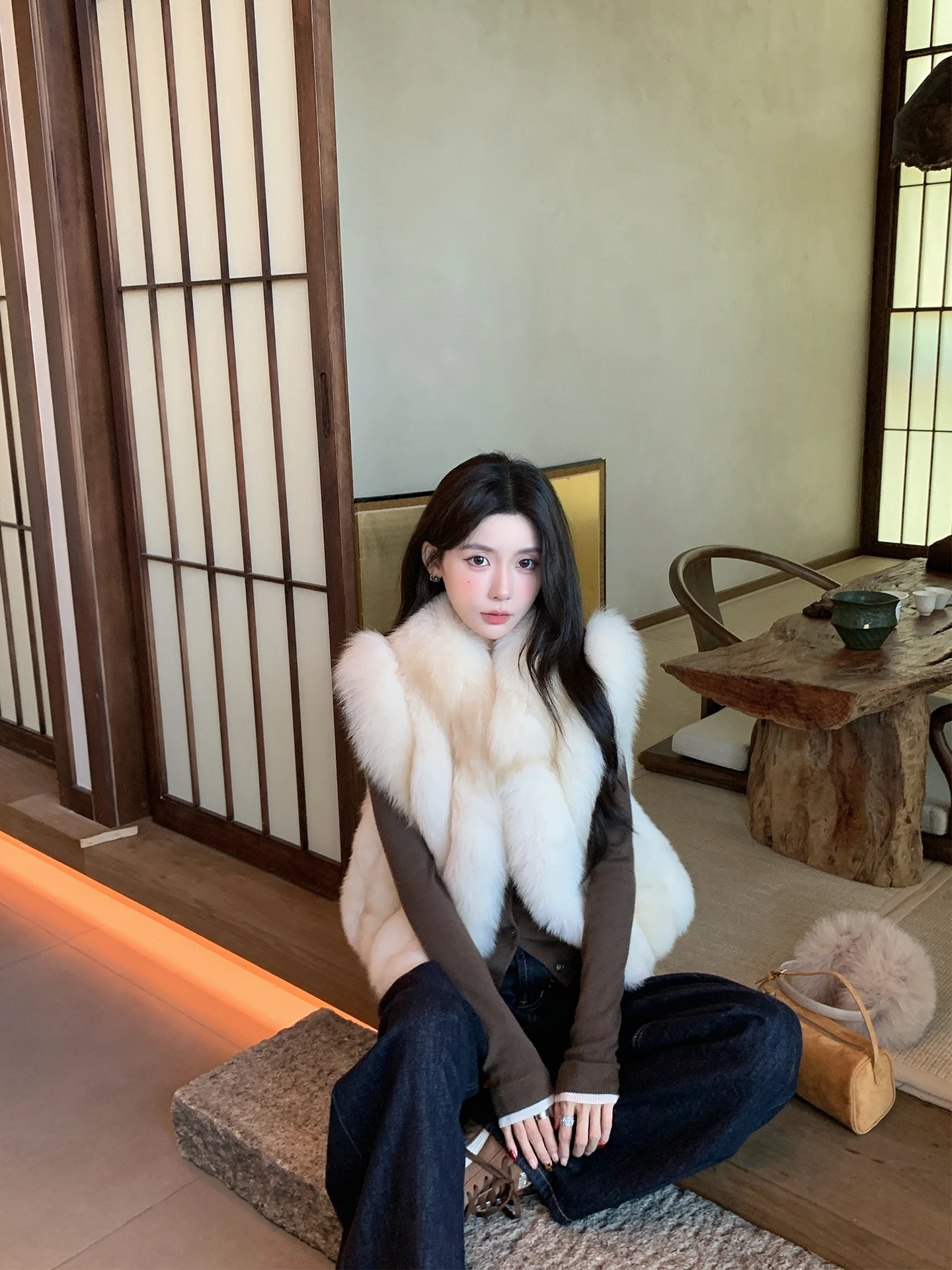 

UPFURS Whole Skin Fur Vest Women's Stand Collar ort Sle Small Size Winter New Sle Layered Wear Warmth Insulation