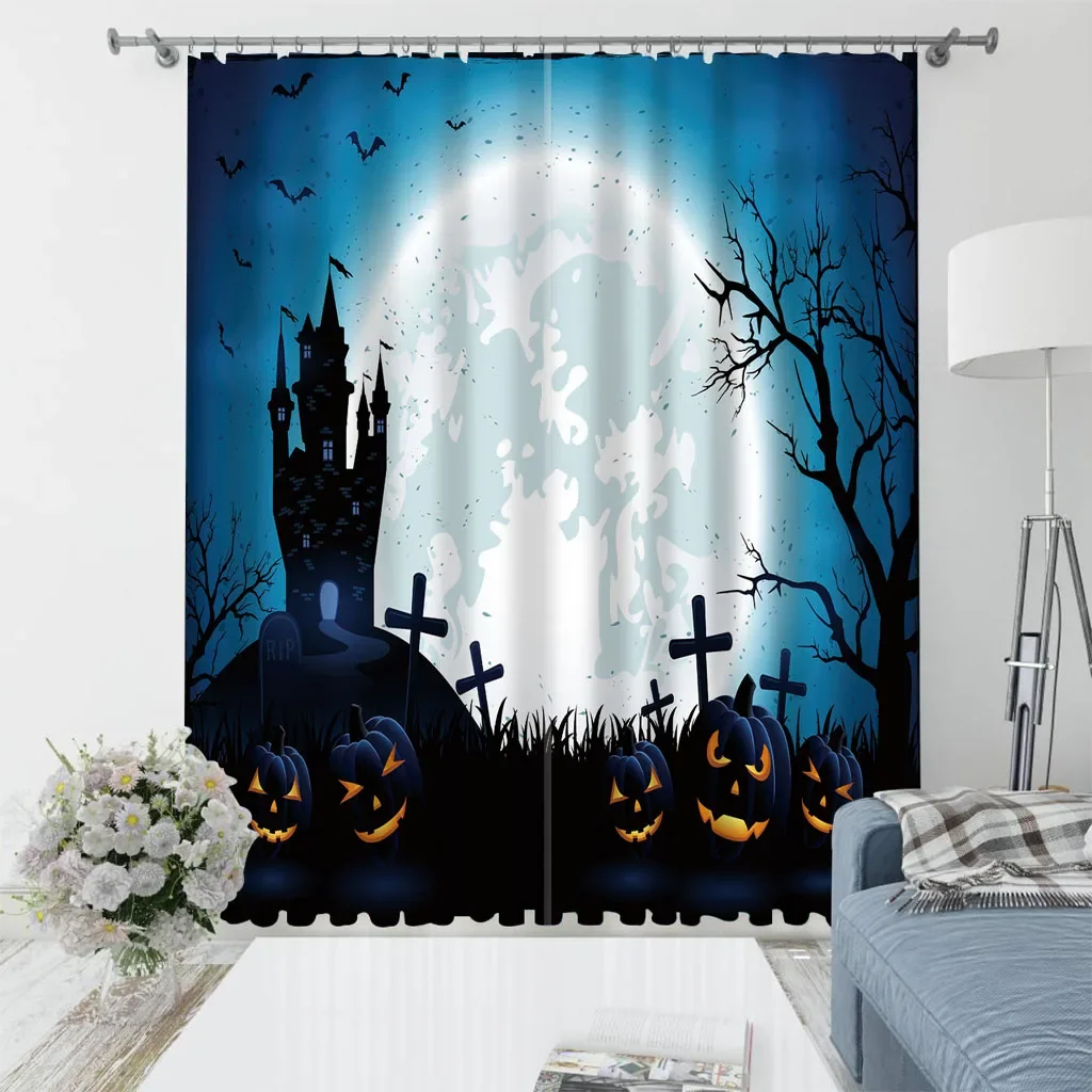 Halloween Scenery Pumpkin Head Printing Home Men Women Bedroom Living Room Curtain Shading Cloth Custom Hook Decorative Curtain