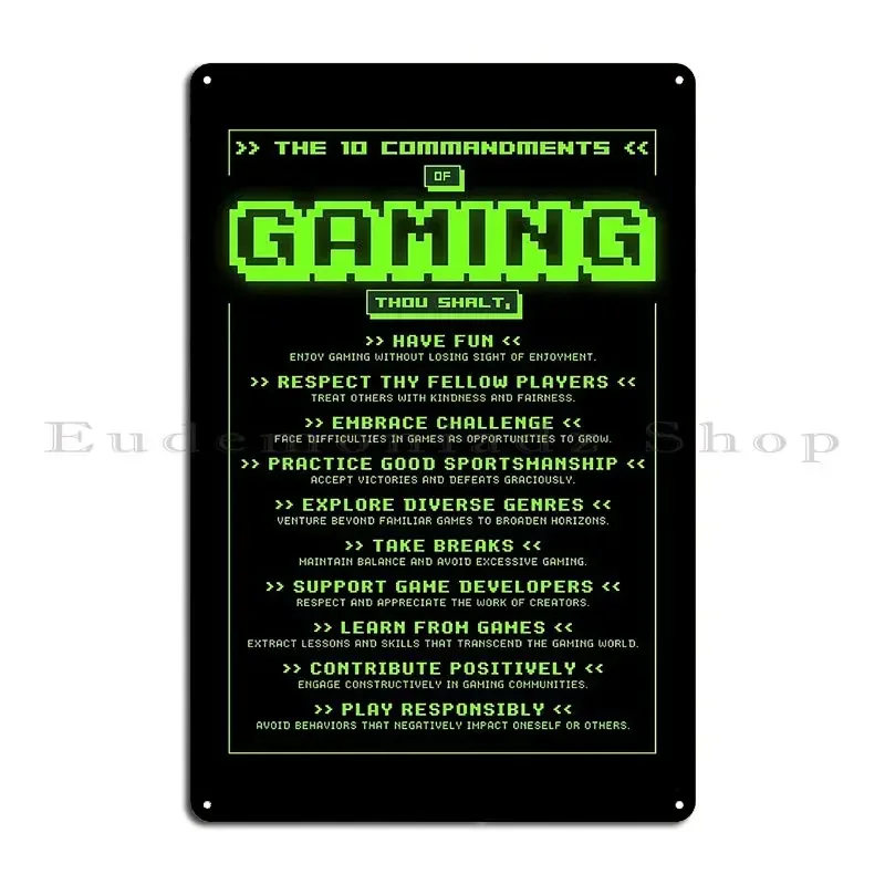 The 10 Commandments Of Gaming Metal Plaque Poster Print Vintage Rusty Mural Customize Tin Sign Poster