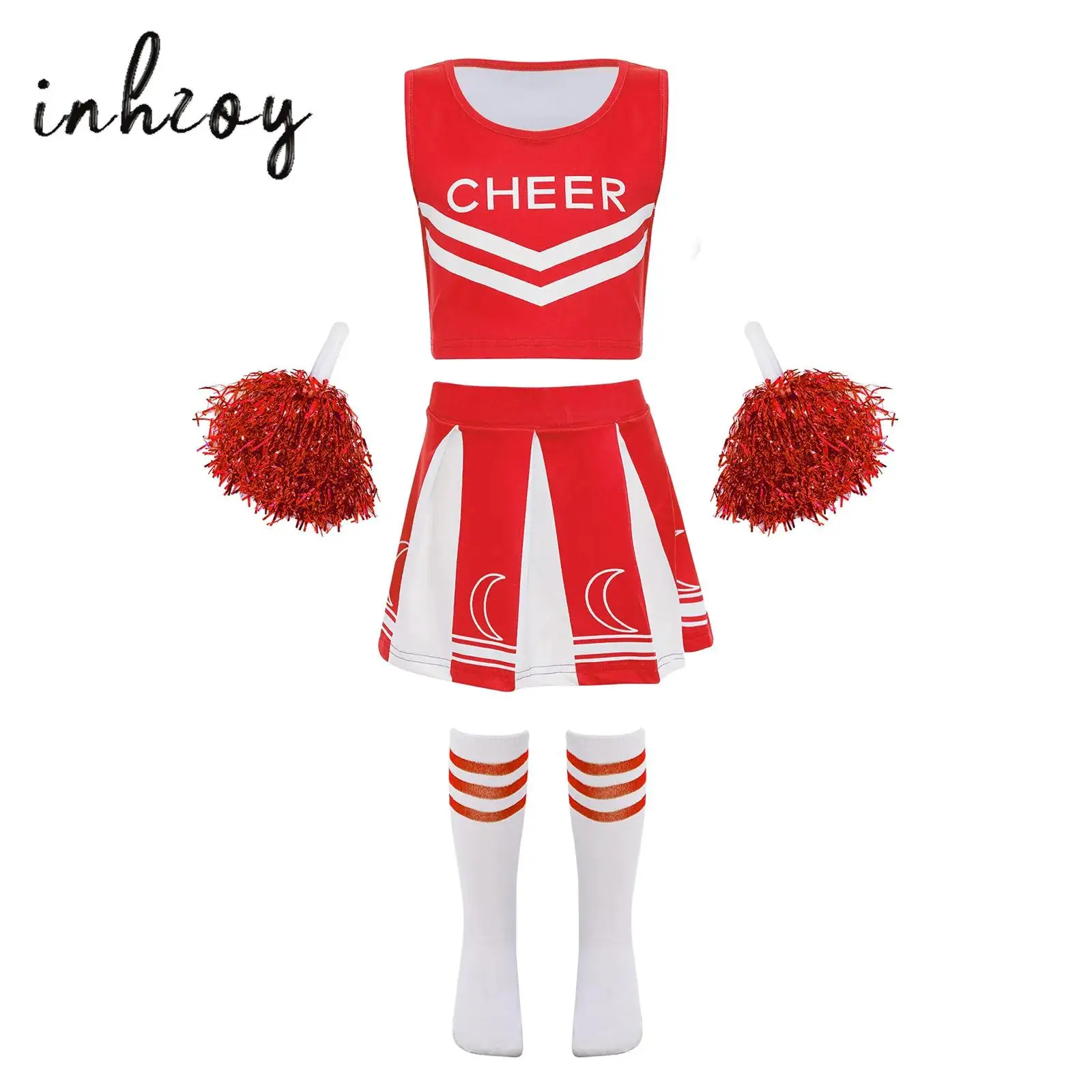 

Kids Girls Cheerleading Uniform Dance Outfit Sleeveless Letter Print Crop Top+Pleated Skirt+2Pcs Flower Balls+1 Pair Socks 4Pcs