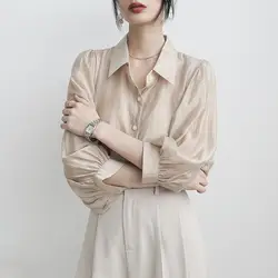 Women's Vintage Fashion Minimalist Design Button Up Shirt Summer Office Lady Elegant Blouse Casual Solid Long Sleeve Loose Tops