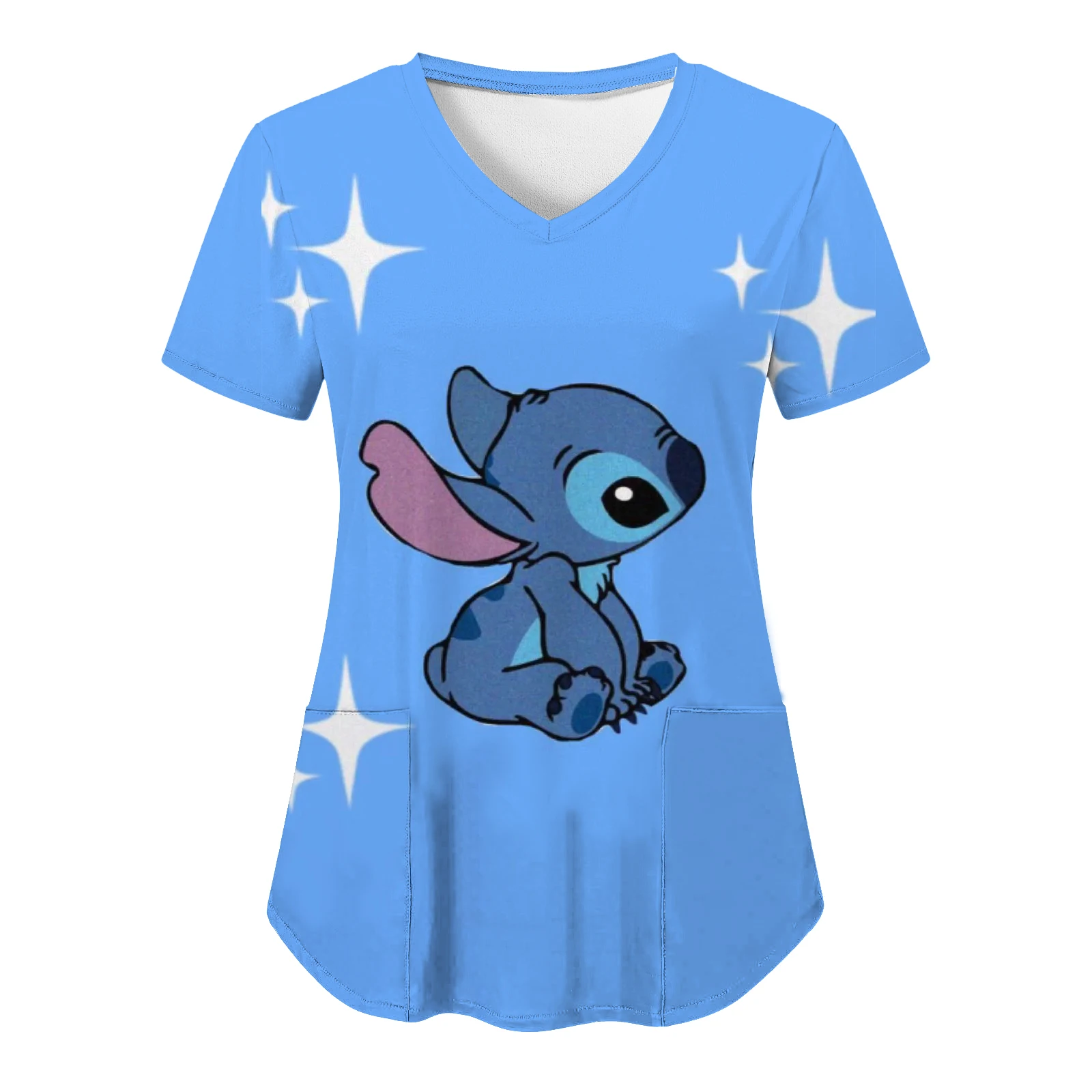 Pocket Top Women 2023 V Neck T Shirts Hospital Woman Clothes Nurse Uniform Stich Summer T-shirt Disney T-shirts Tops Stitch Tees