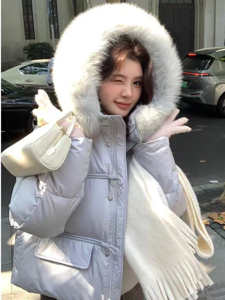 

Korean Fashion Casual Woman Warm Coat Autumn Winter Fuzzy Hooded Zipper Pockets Short Jacket Padded Puffer Basic Plain Coats
