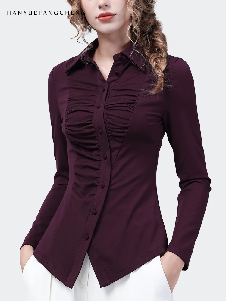 Sexy Skinny Women Long Sleeve Stretching Knitted Shirt Solid Color Pleated Turn-down Collar Female Autumn Winter Bottoming Tops