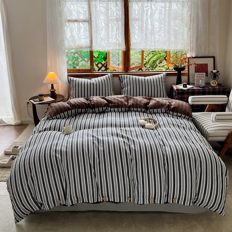 3/4pcs Striped 100% Washed Cotton Duvet Cover Set with Bed Sheet Pillowcases Bedding Set Puff Seersucker Quilt Cover Bed Linen