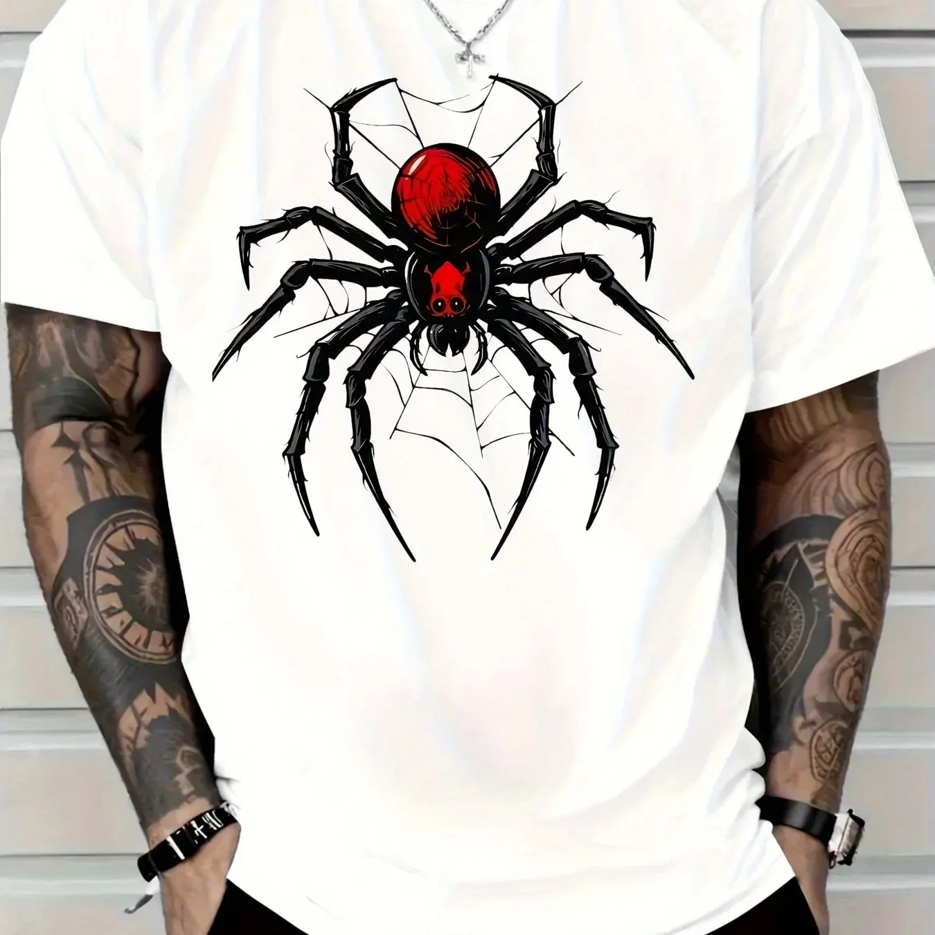 

2025 Men New Casual Pure Cotton T-Shirt Featuring A Striking Red and Black Spider Design with Intricate Web Details Men Clothing