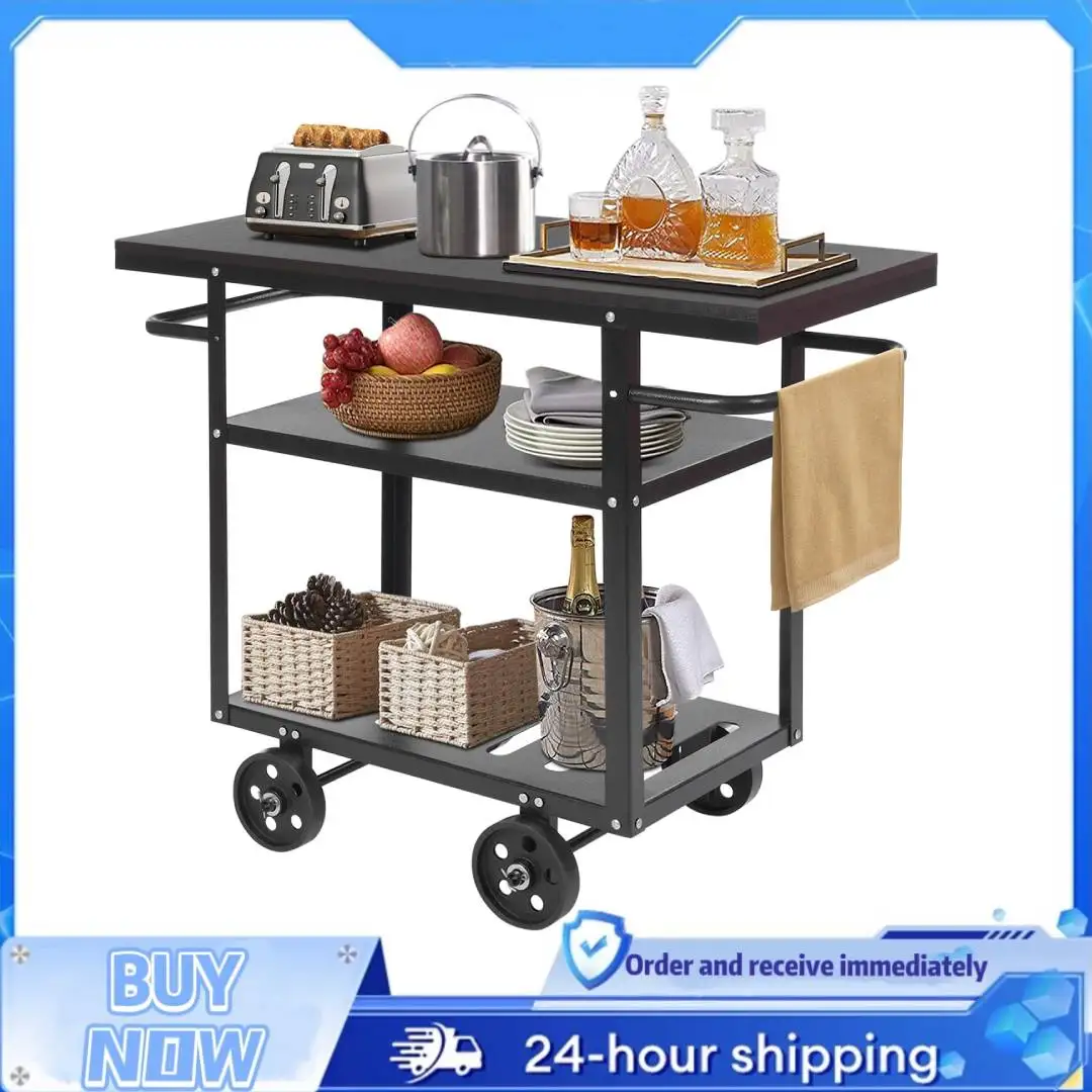 3-Tier Industrial Style Mobile Serving Cart Black Metal & Wood Rolling Bar Cart with Wheels Kitchen Storage Cart for Bar Hotel