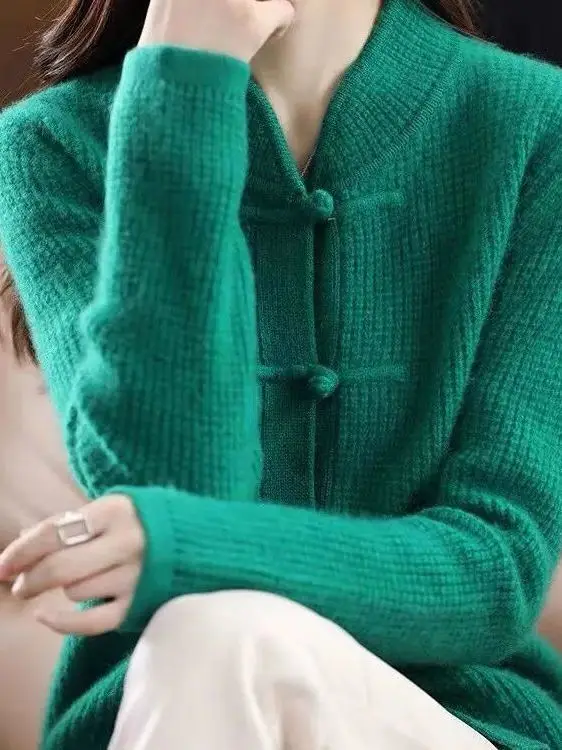 

Retro Knitted Open Cardigan Women's Thiened Long Sve Button up Sweater Outerwear Spring Autumn Winter Faion Sle